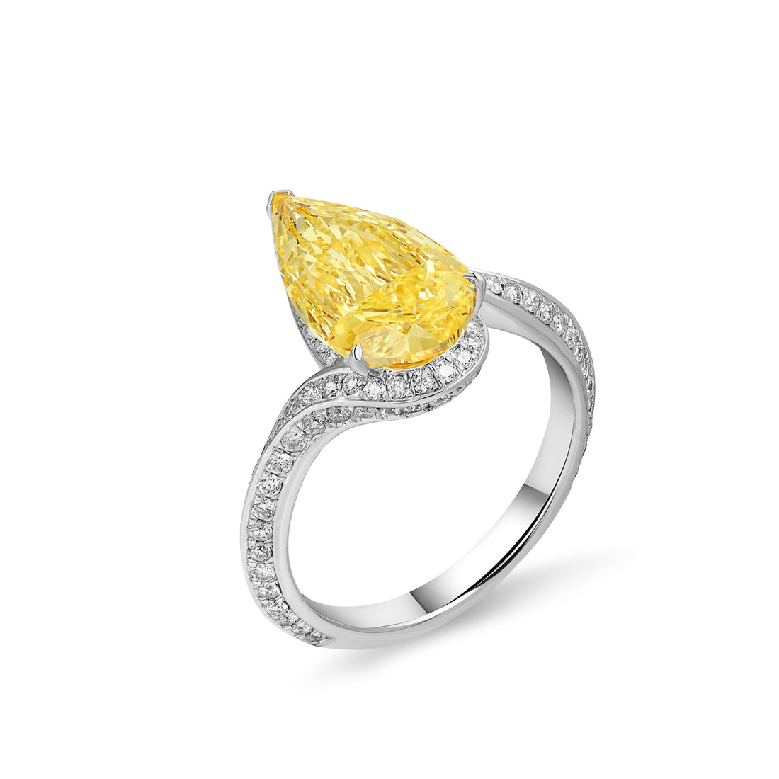 Pear Shape Fancy Yellow Diamond Twisted Band Ring in 18K Yellow Gold