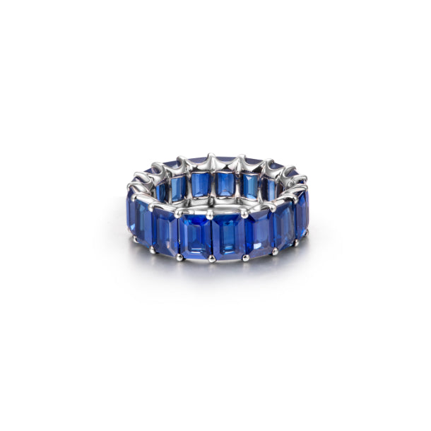 Blue Sapphire Emerald Cut Eternity Band in 18K White Gold