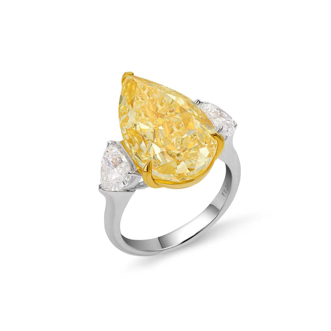 Pear Shape Fancy Light Yellow Diamond Ring with Heart Side Stones in 18K Gold