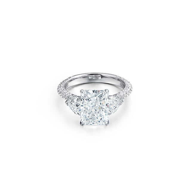Radiant Cut Diamond Ring with Heart Side Stones in 18K White Gold