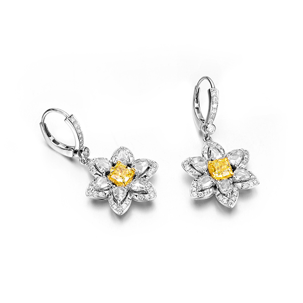 Cushion Cut Fancy Yellow Diamond Earrings in 18K White Gold