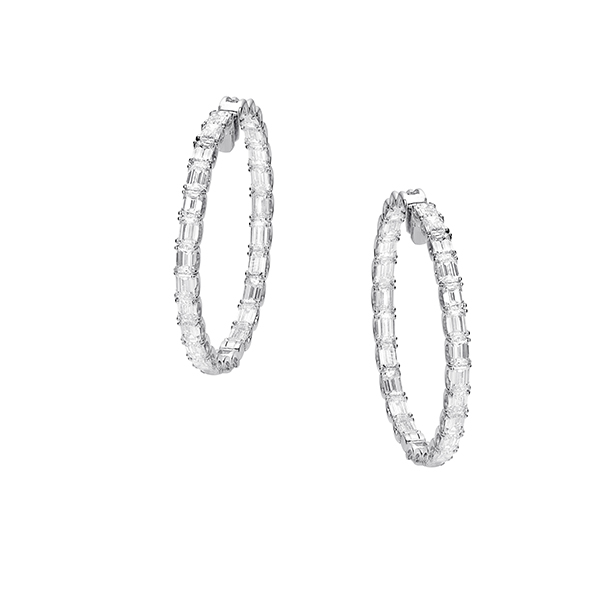 Emerald Cut Diamond Hoop Earrings in 18K White Gold