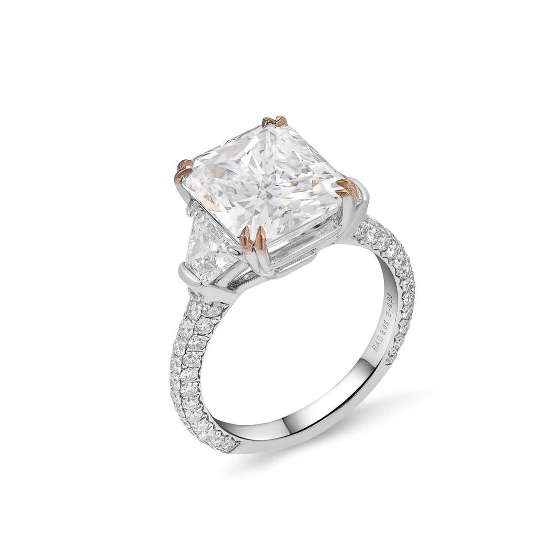 Radiant Cut Diamond Ring with Trapezoid Side Stones in 18K White Gold