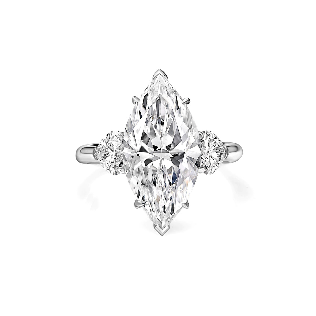 5ct Marquise Diamond Ring with Heart Side Stones in 18K White Gold