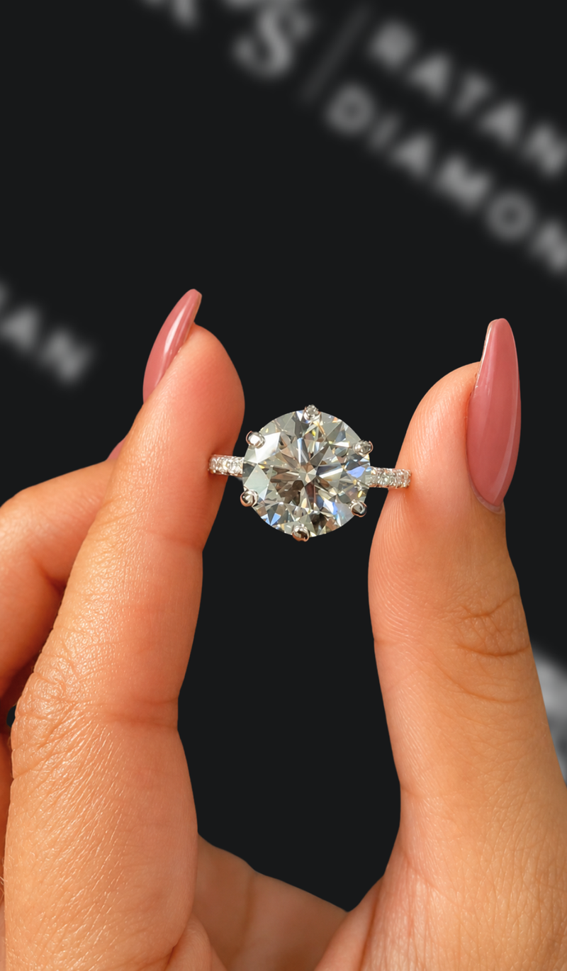 Five carat round natural diamond band engagement ring