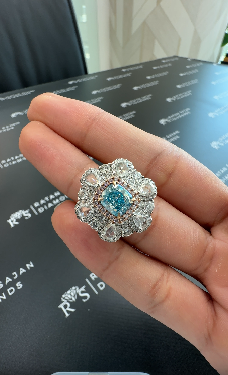 2.02 Carat Center Fancy VS2 Blue Diamond with 2.10 Carat Side Diamonds – Cushion Shape - Natural Diamond - HRD Certified