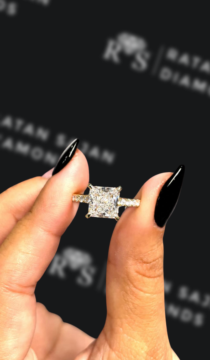 Two carat princess cut natural diamond band engagement ring