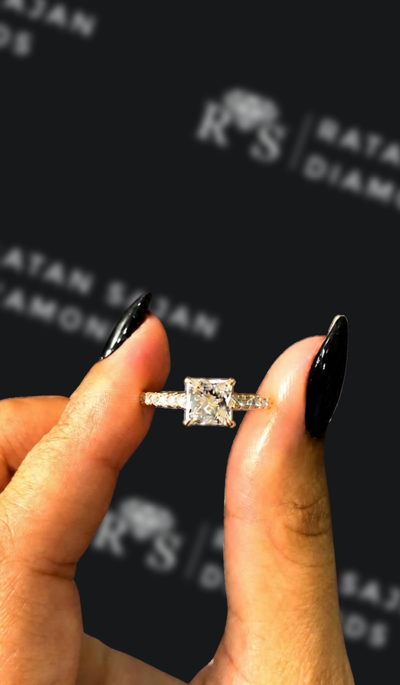 One carat princess cut natural diamond band engagement ring