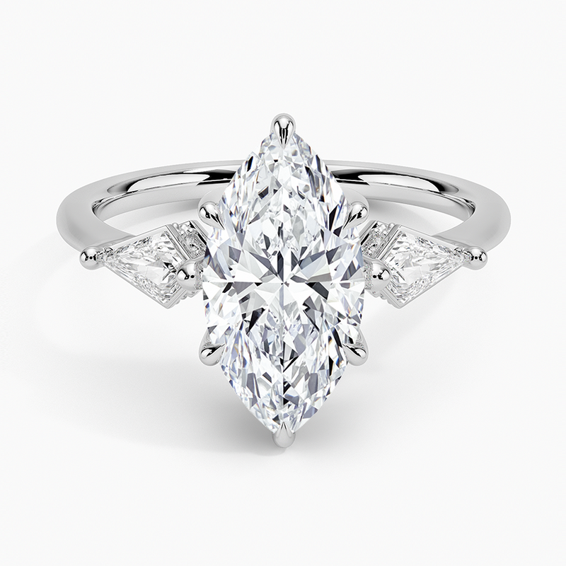 Three carat marquise natural diamond engagement ring with kite side diamonds