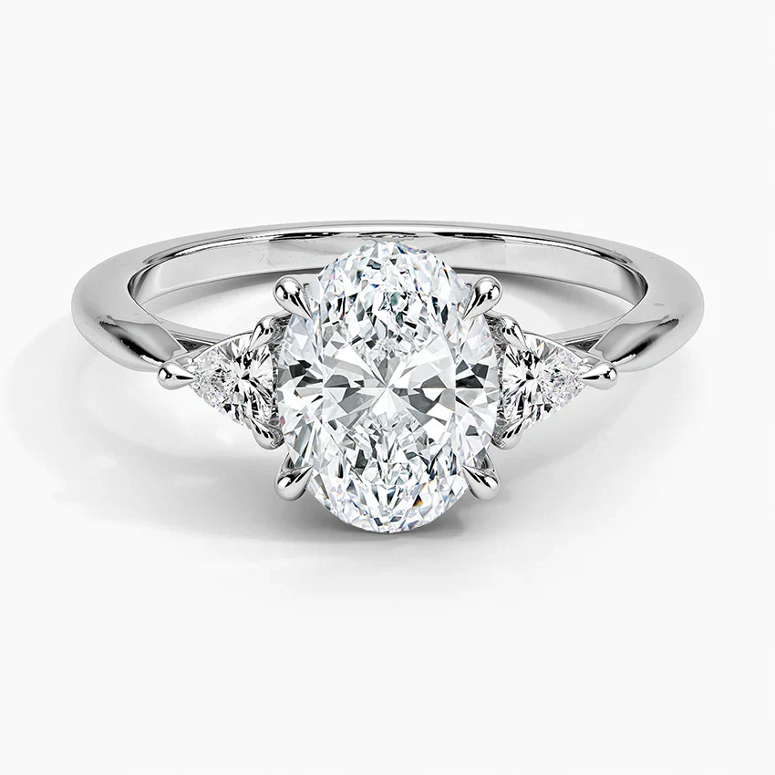Oval Natural Diamond - Trillion Setting - Solitaire Engagement Ring in 18k White Gold