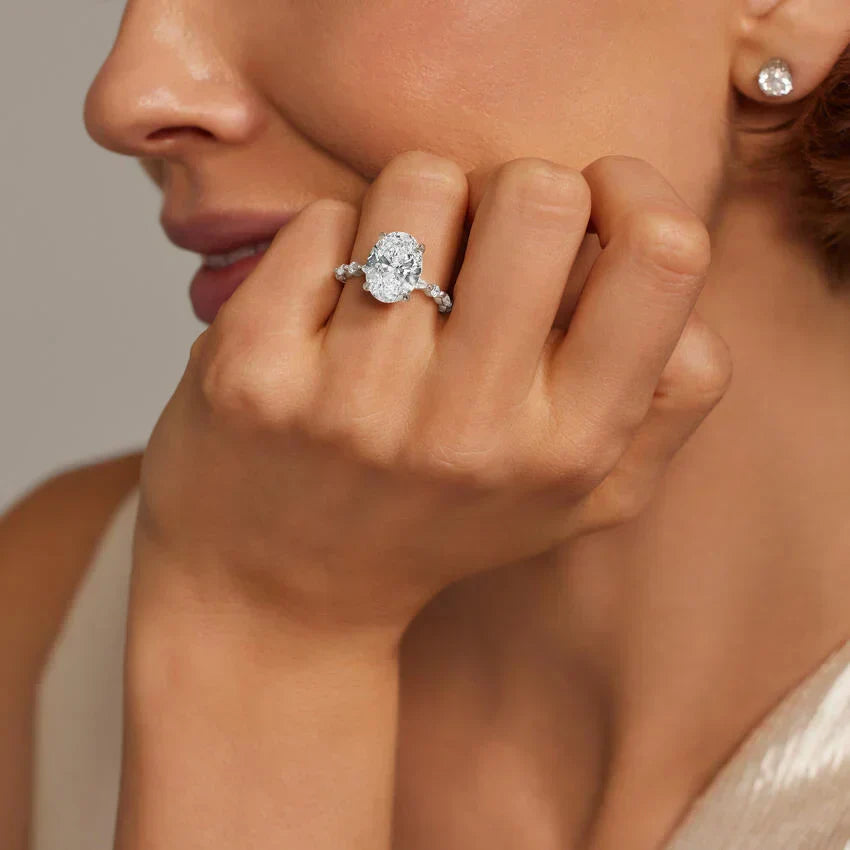 Oval Natural Diamond - Versailles Setting - Solitaire Engagement Ring in 18k White Gold