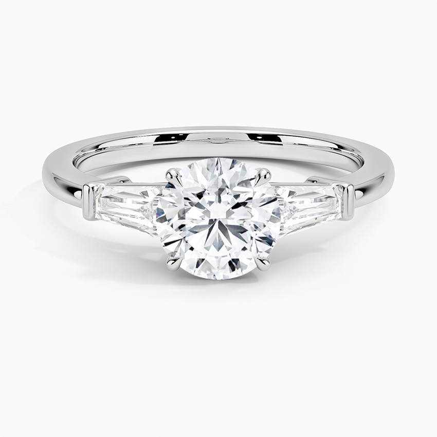 Round Natural Diamond - Baguette Trilogy - Solitaire Engagement Ring in 18k White Gold