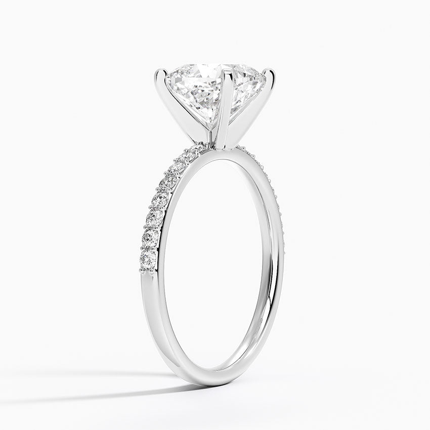 Cushion Natural Diamond - Pave Setting - Solitaire Engagement Ring in 18k White Gold
