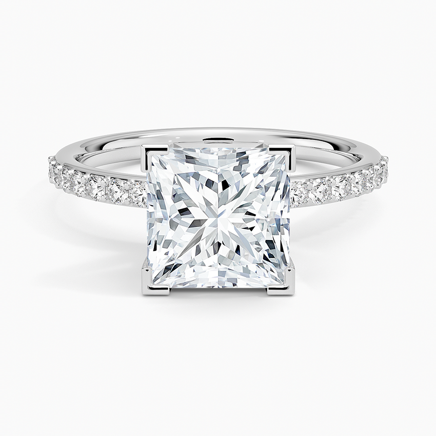 Princess Natural Diamond - Pave Setting - Solitaire Engagement Ring in 18k White Gold