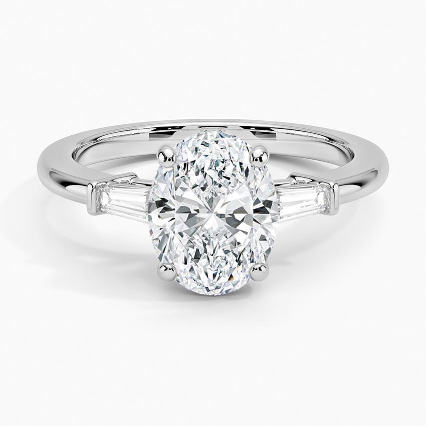 Oval Natural Diamond - Baguette Trilogy - Solitaire Engagement Ring in 18k White Gold