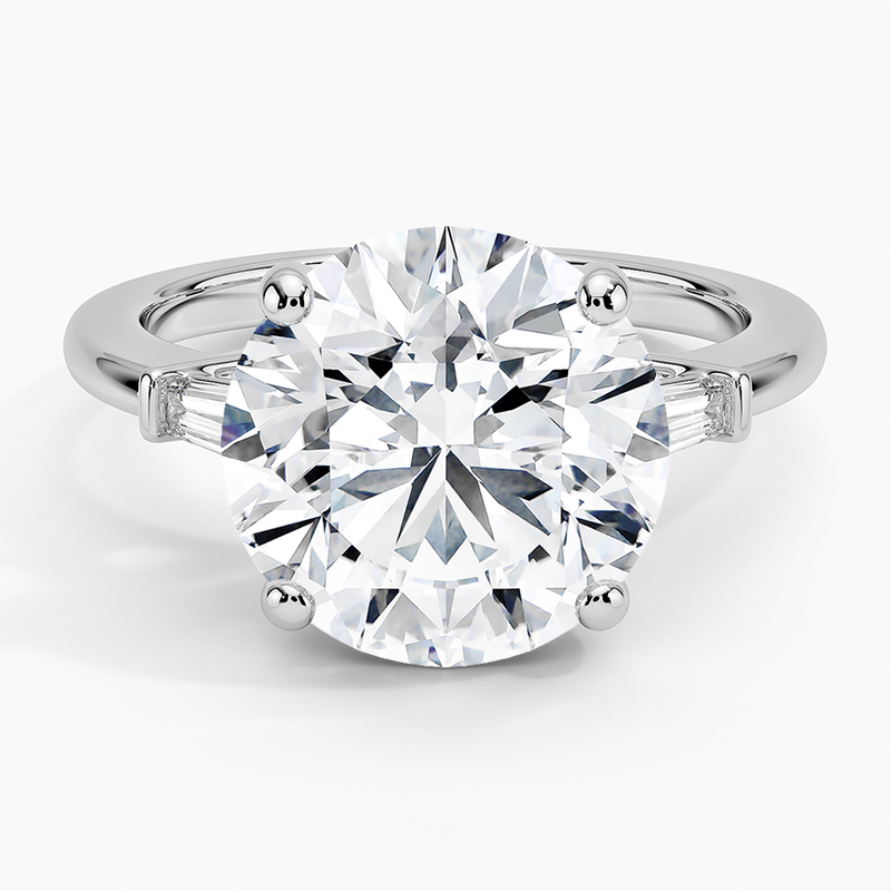 Five carat round natural diamond tapered trilogy engagement ring