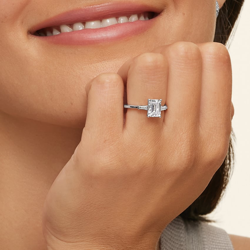 1 Carat Natural Oval Diamond Engagement Ring in 18K White Gold - Baguette Trilogy - GIA / HRD Certified