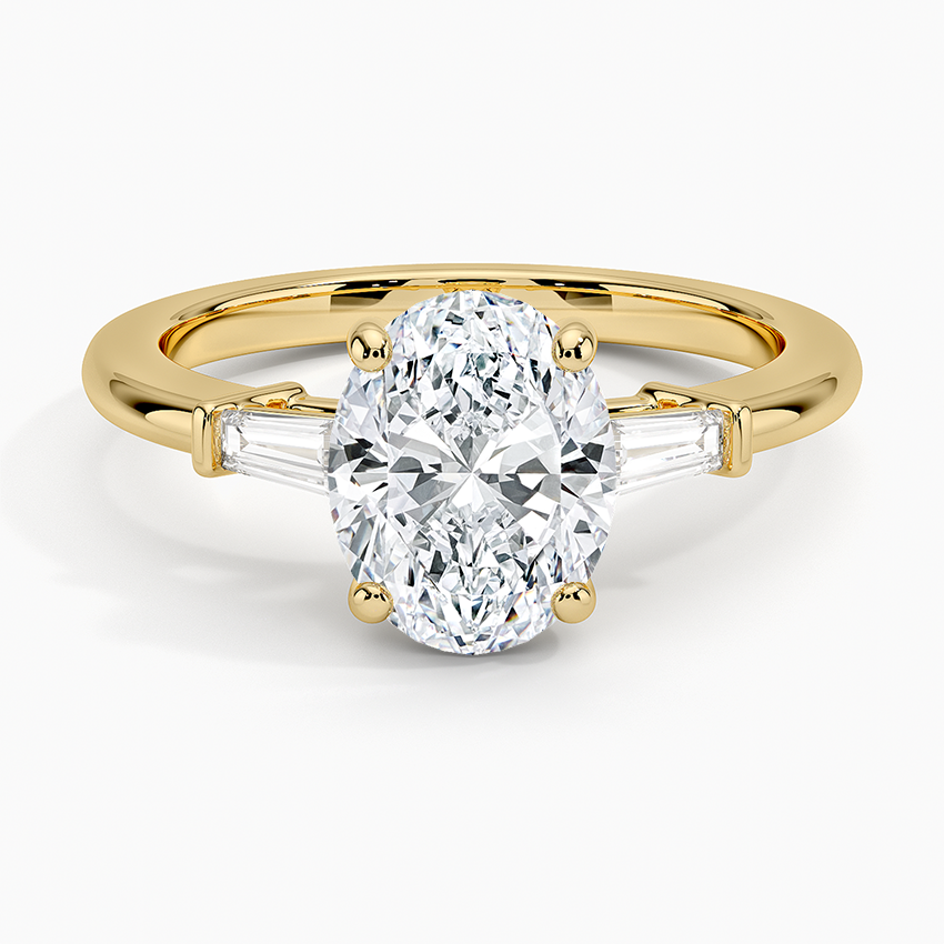 Oval Natural Diamond - Baguette Trilogy - Solitaire Engagement Ring in 18k Yellow Gold