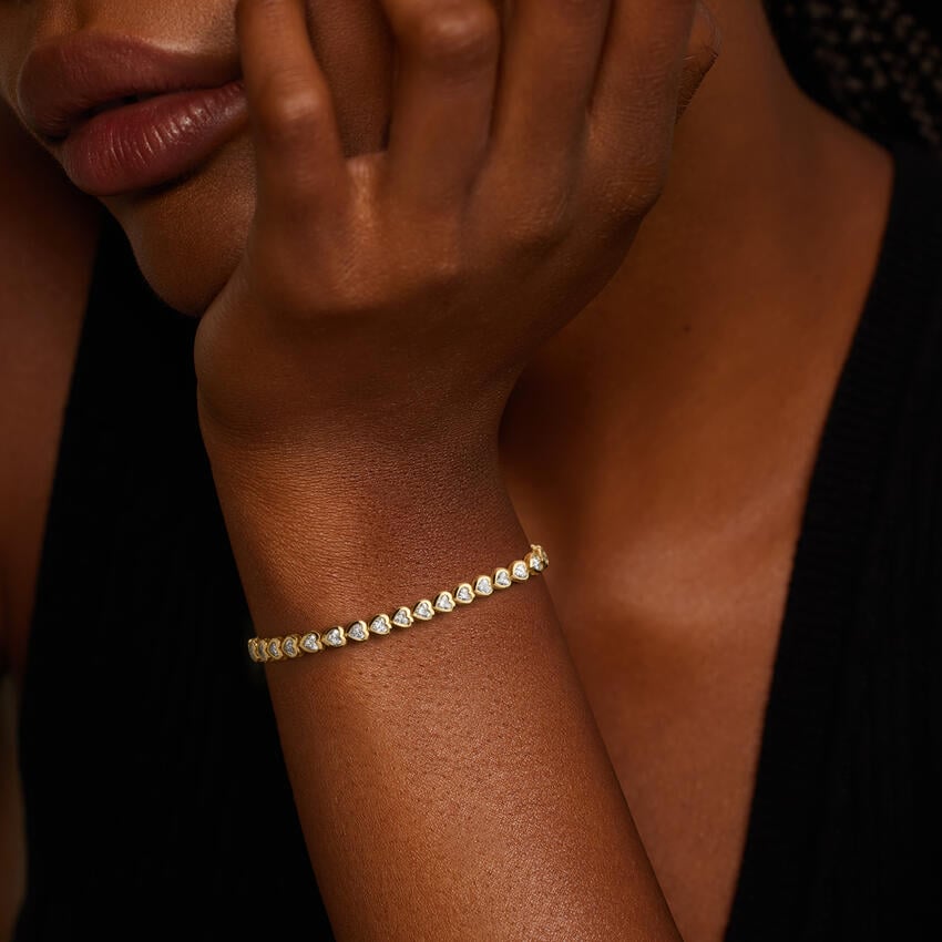Heart Shaped Natural Diamond Bezel Tennis Bracelet in 14K Yellow Gold