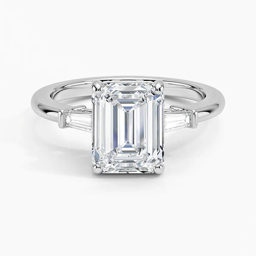 Emerlad Natural Diamond Baguette Trilogy Solitaire Engagement Ring in 18k White Gold