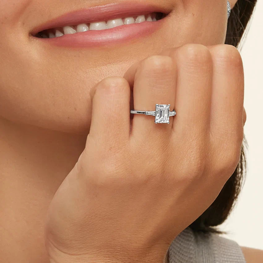 1 Carat Natural Emerald Diamond Engagement Ring in 18K White Gold - Baguette Trilogy - GIA / HRD Certified