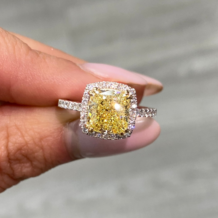 Fancy Yellow Cushion Cut Halo Diamond Engagement Ring