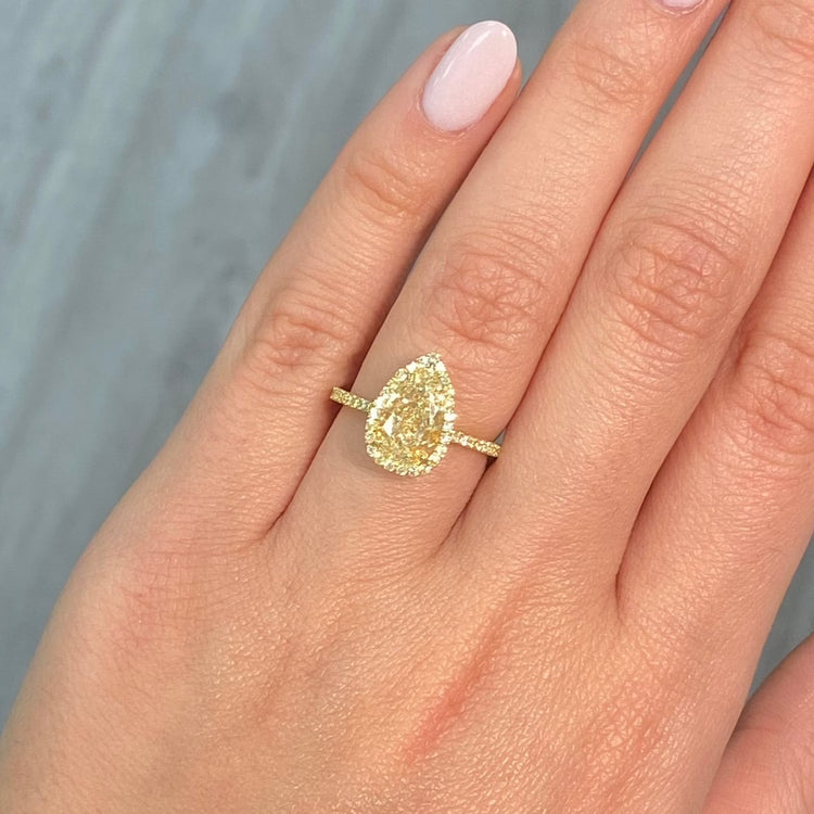 All Yellow Pear Shape Halo Diamond Engagement Ring
