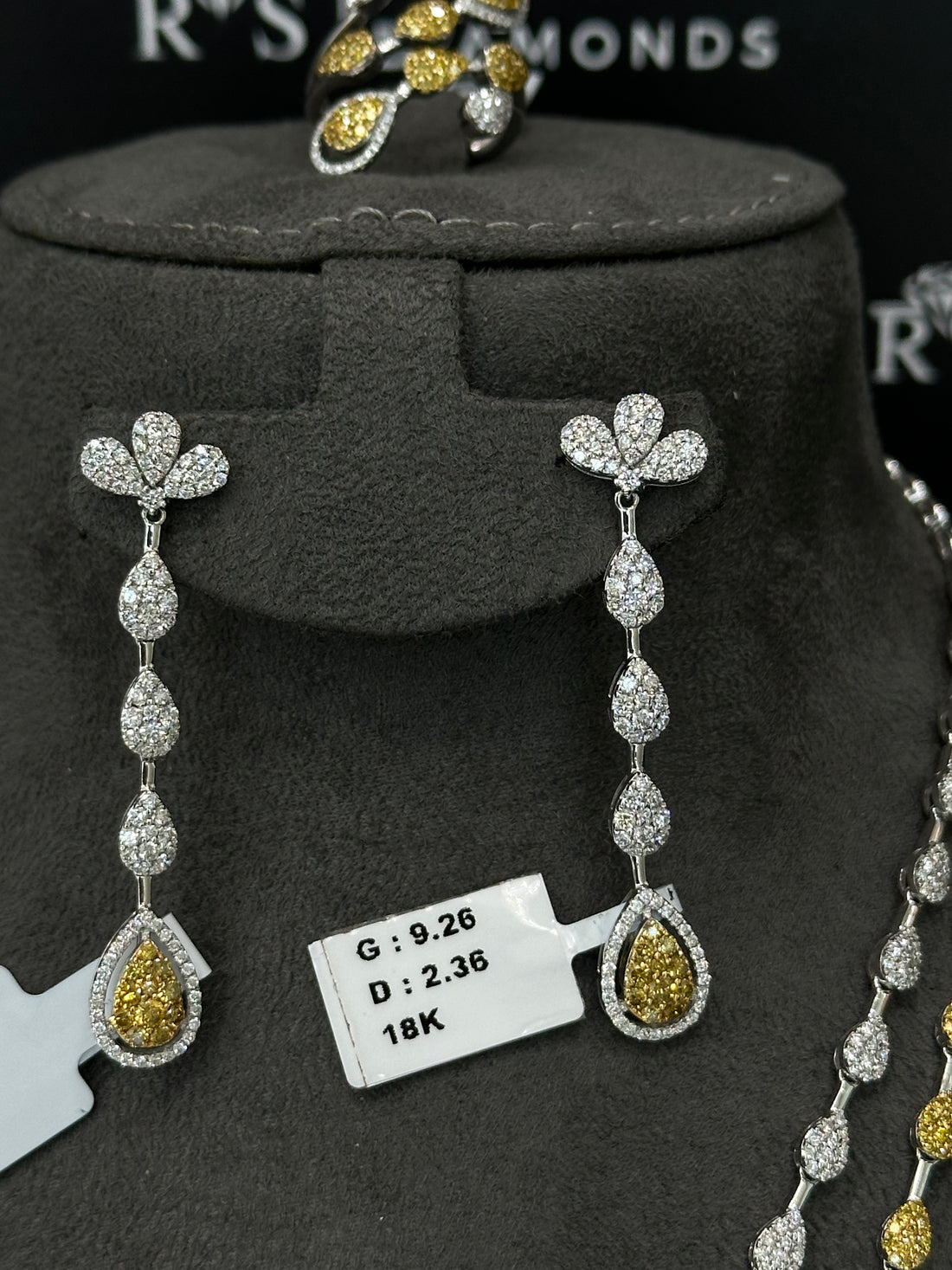 Yellow & White Diamond Drop Set – Two-Tone Luxury Necklace, Earrings & Ring
