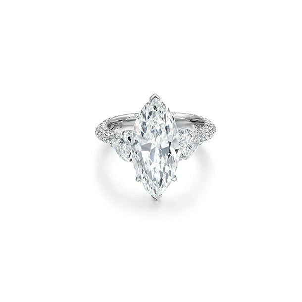 Marquise Diamond Ring with Heart Shape Side Stones in 18K White Gold