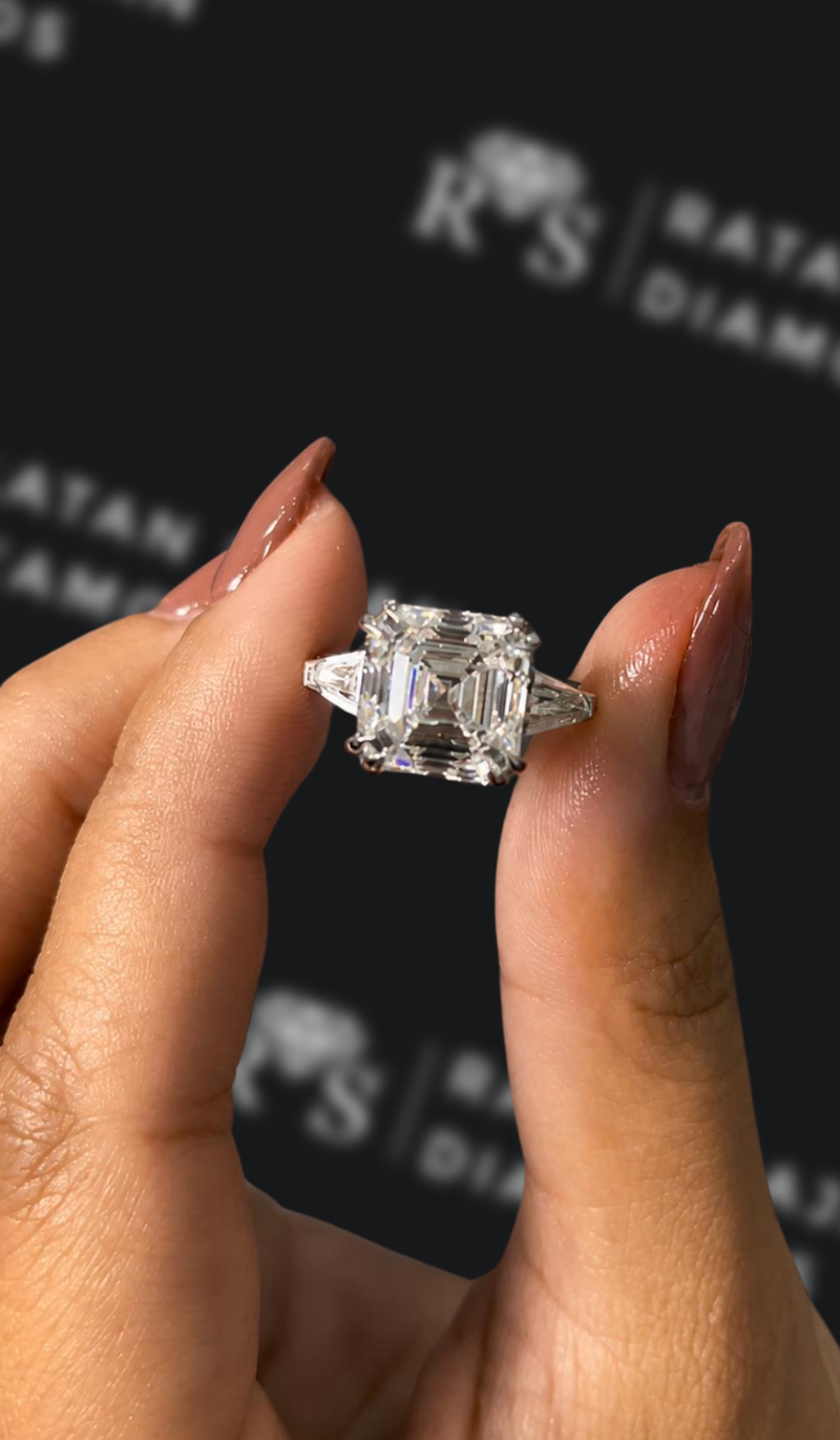 Five carat Asscher cut natural diamond trilogy engagement ring
