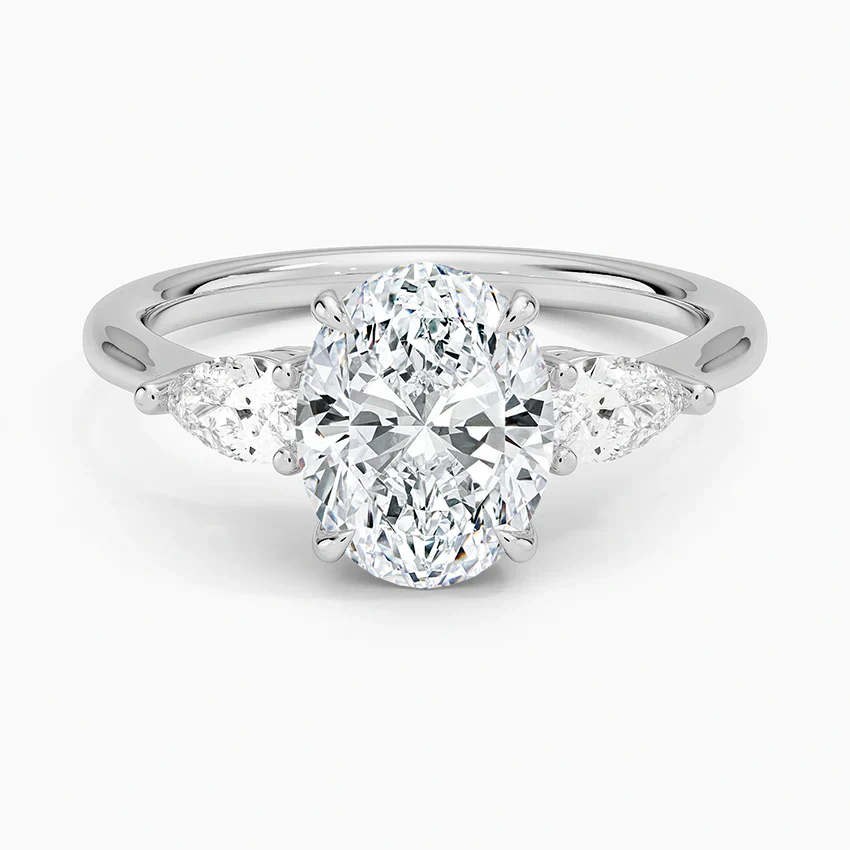 Oval Natural Diamond - Pear Trilogy - Solitaire Engagement Ring in 18k White Gold