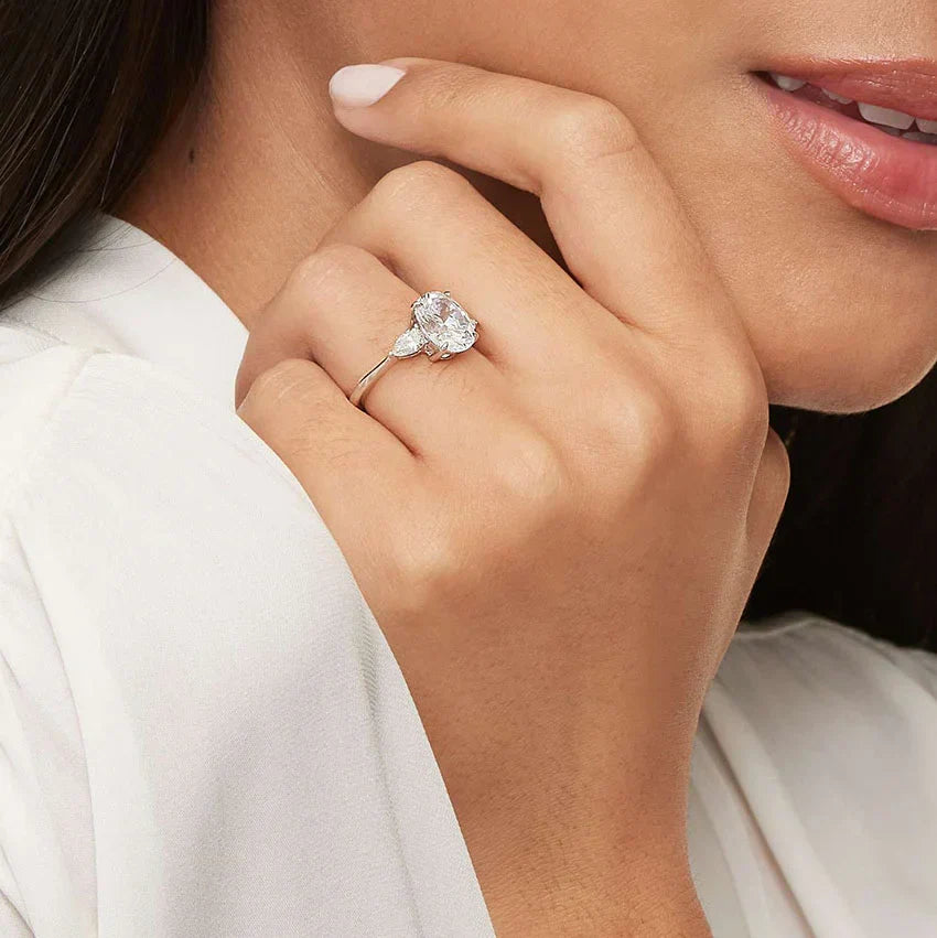 1 Carat Natural Oval Diamond Engagement Ring in 18K White Gold - Pear Trilogy - GIA / HRD Certified