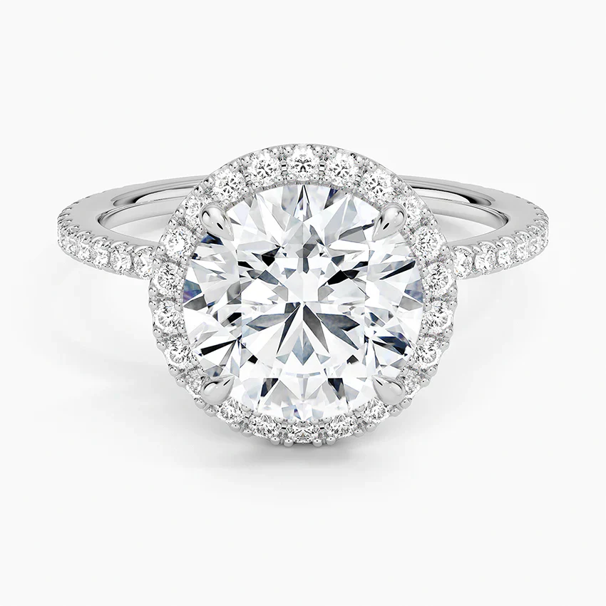 Round Natural Diamond - Pave with Halo - Solitaire Engagement Ring in 18k White Gold