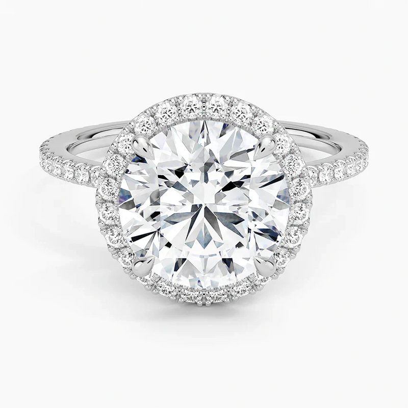 3.5 carat round natural diamond pave halo engagement ring in 18K white gold