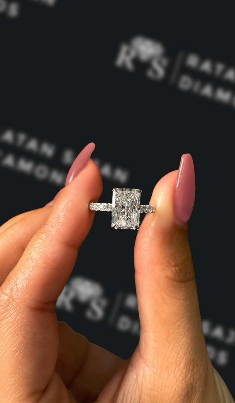 Two carat radiant cut natural diamond band engagement ring