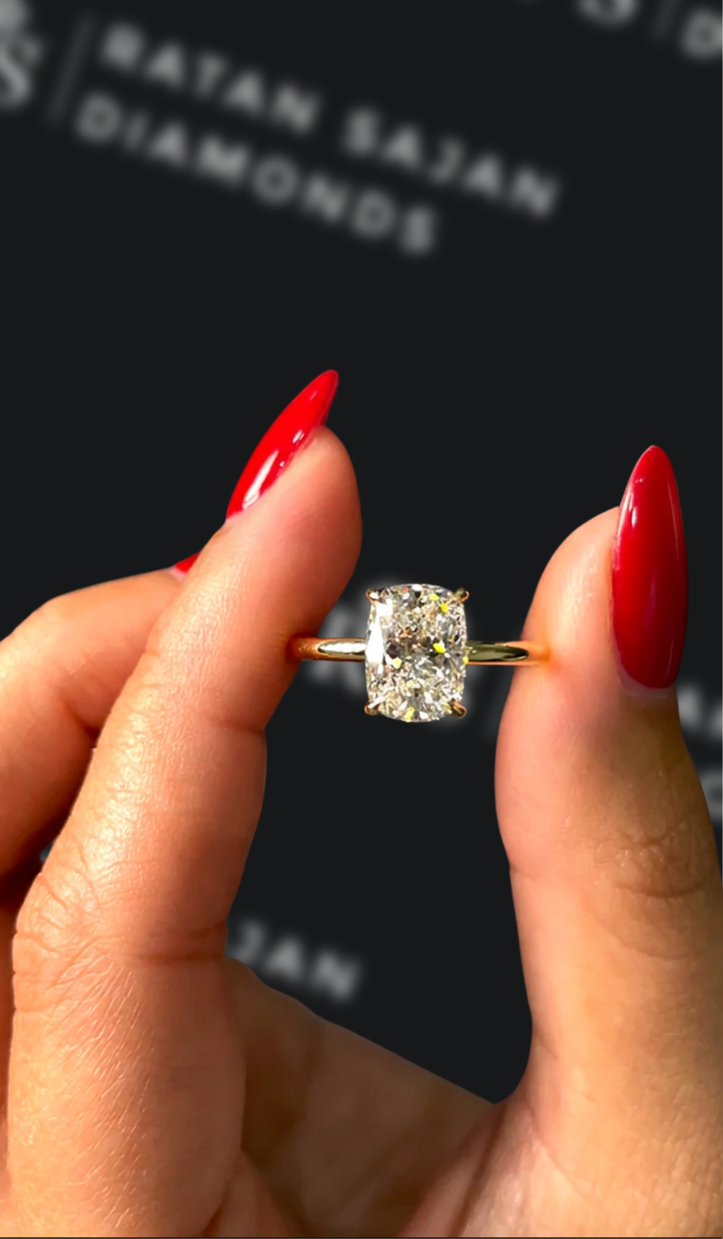 Two carat cushion cut natural diamond solitaire engagement ring