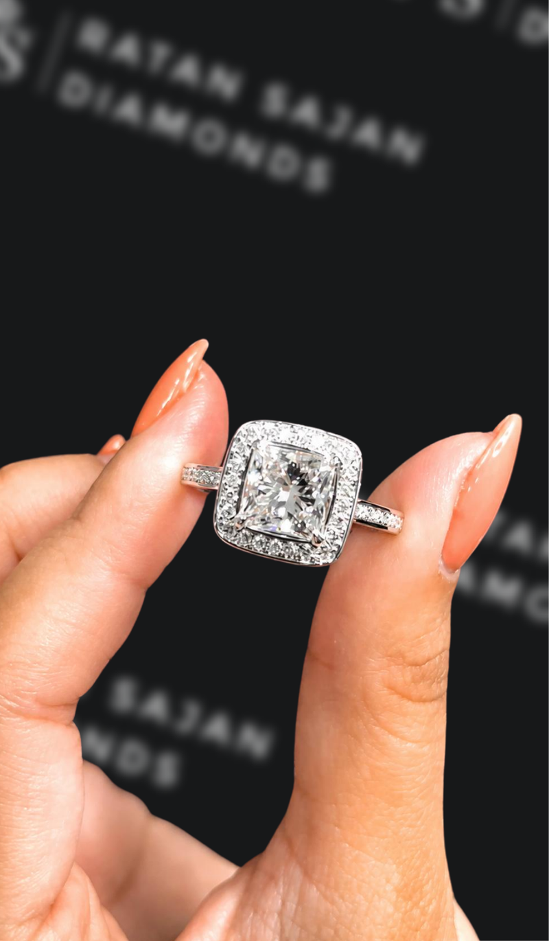 Two-and-a-half carat princess cut natural diamond halo engagement ring