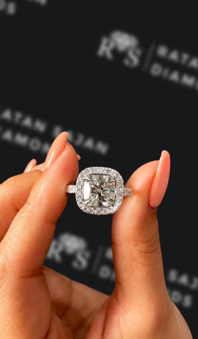 Three carat cushion cut natural diamond halo engagement ring